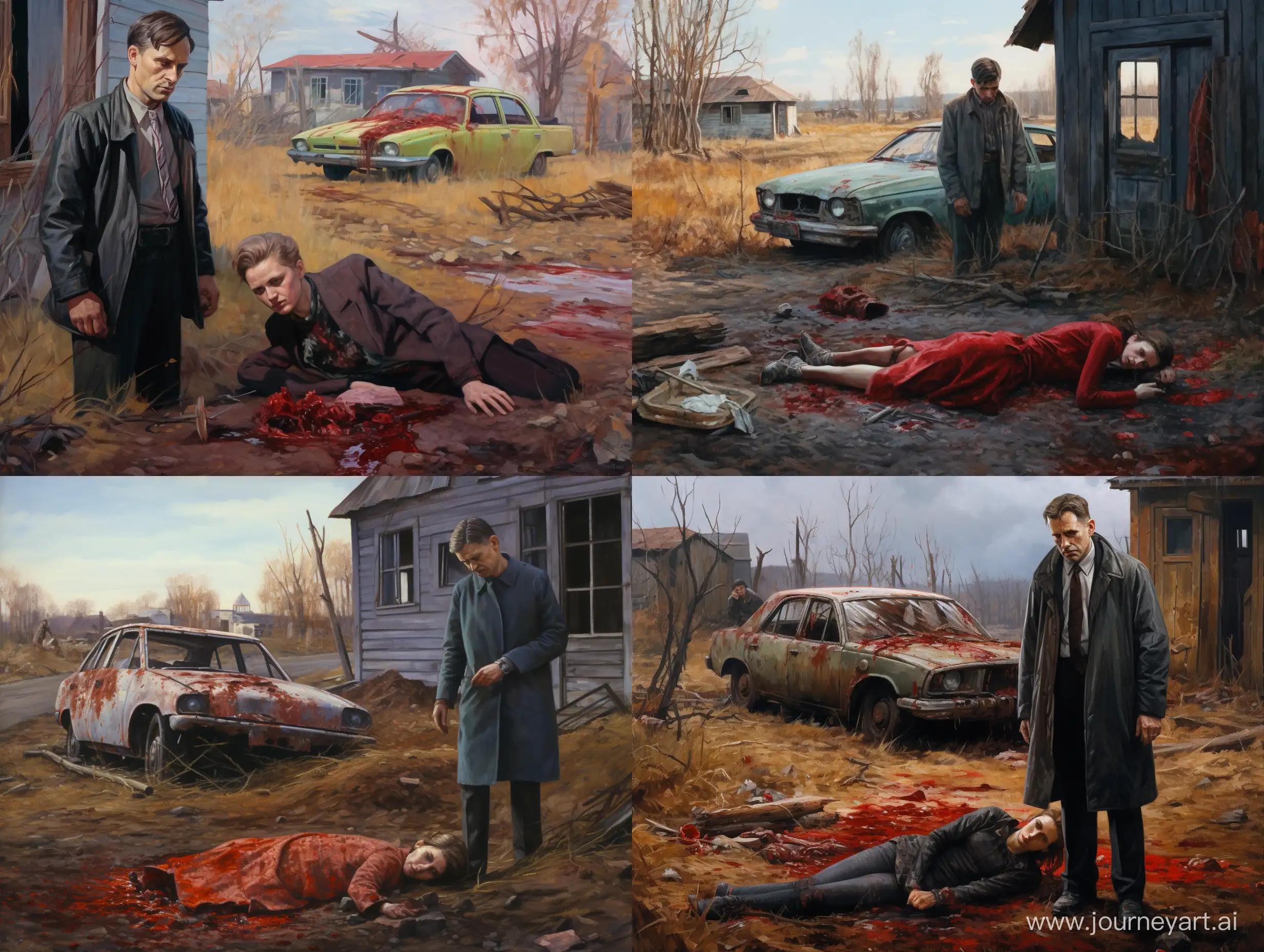 Tragic-Scene-in-a-PostSoviet-Village-Mourning-Woman-Beside-a-Bloodied-Corpse-near-Ruined-Car