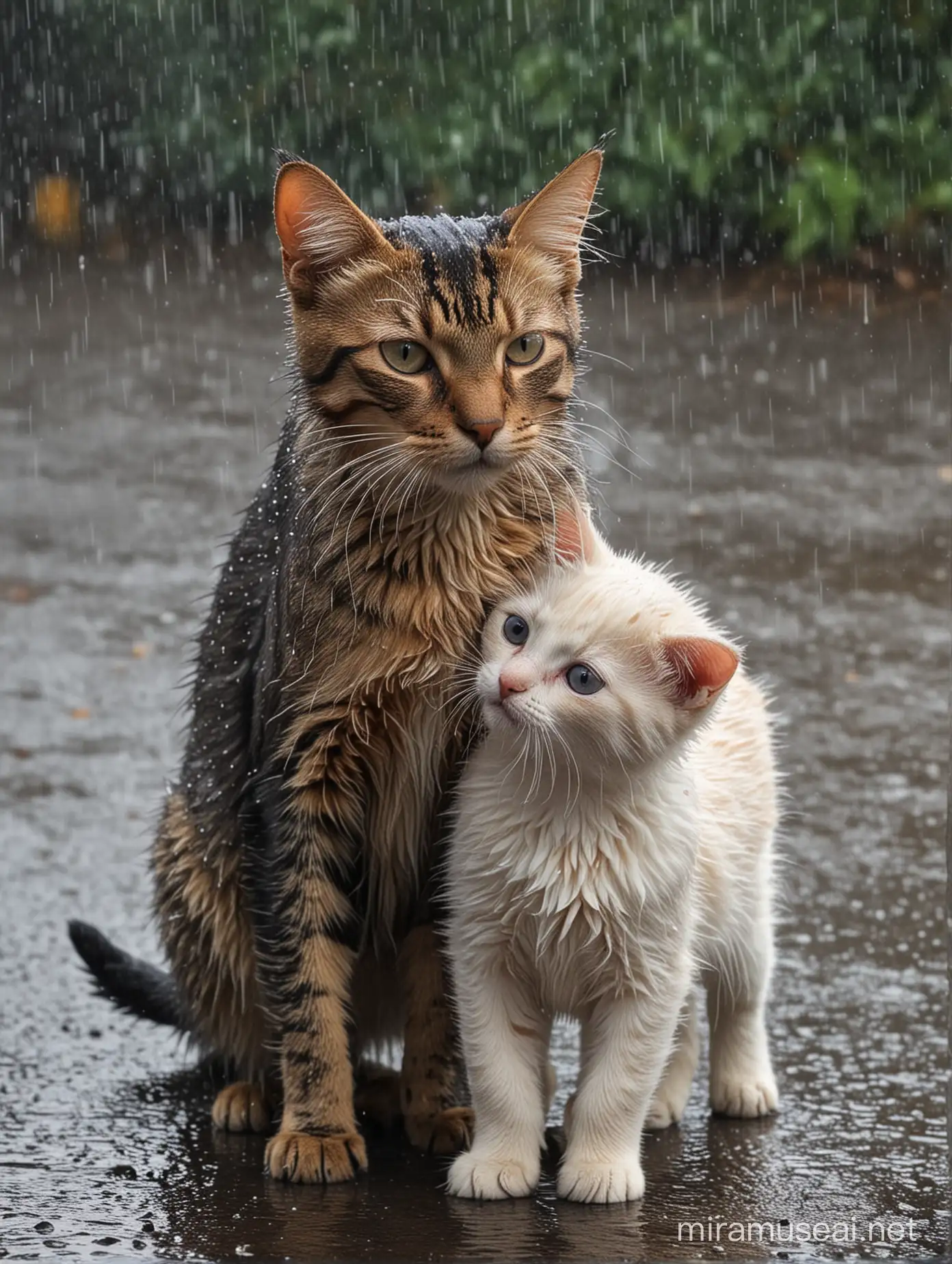 Cat and kitten wet in rain