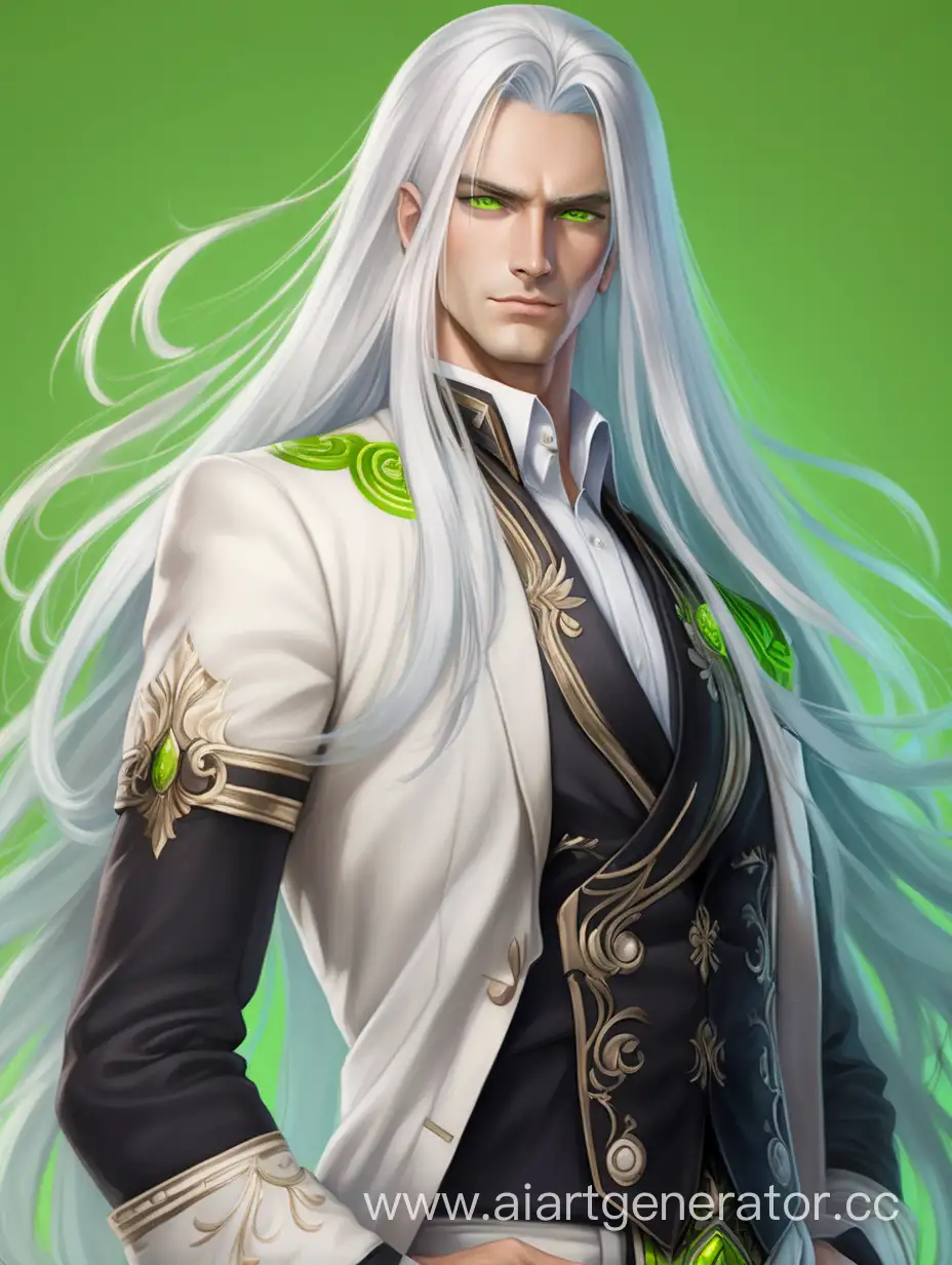 Красивый мужчина с длинными белыми волосами и лаймово зелёными глазами.Стоит в уверенной позе. п