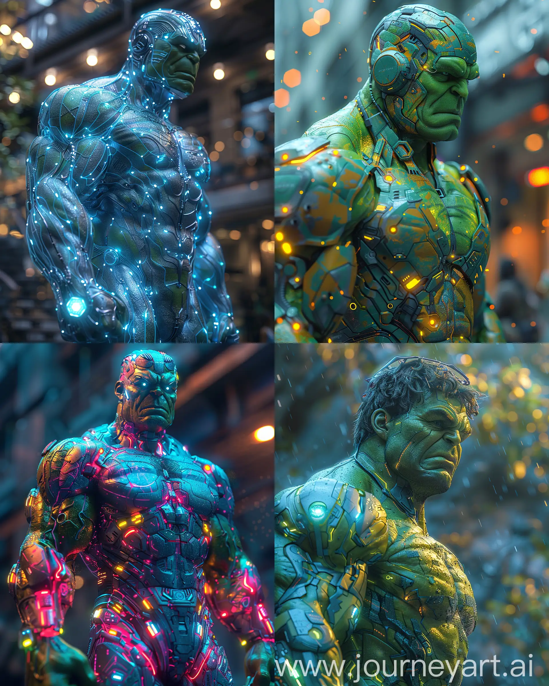 Futuristic Marvel Hulk, made of ultra-modern materials, made of ultramodern neon materials,  --ar 4:5 --stylize 1000 --s raw --v 6 