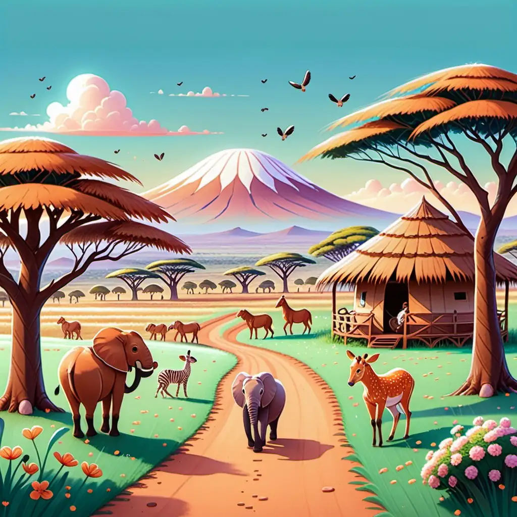 Illustration, Kawaii style, in kenia die landschaft mit tieren und Menschen die da zu hause sind



