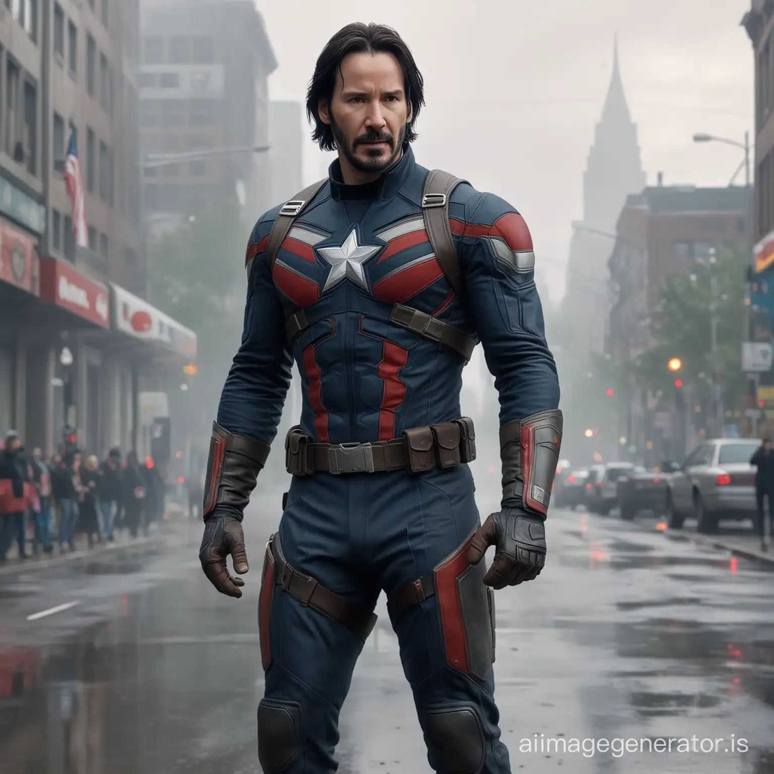 Keanu Reeves in original Captain America suit, who smile, looking at the camera, full body, photorealistic, hyper detailed, in foggy Canada Street as the background