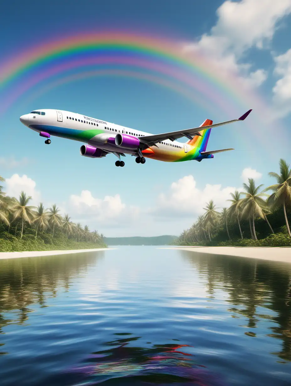 Vibrant RainbowColored Passenger Plane Soaring Low Over Water