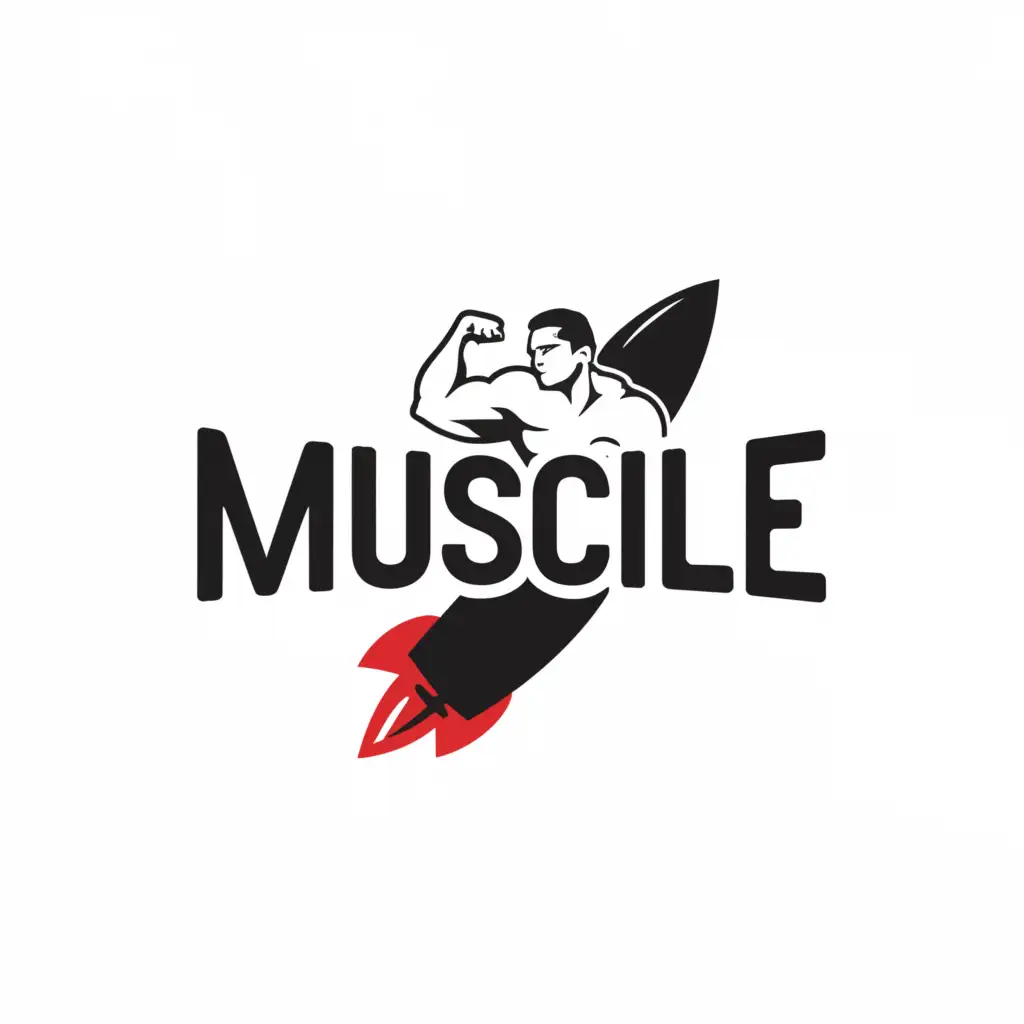 a logo design, with the text 'Muscile', main symbol: muscle on a rocket, Minimalistic, to be used in Sports Fitness industry, clear background