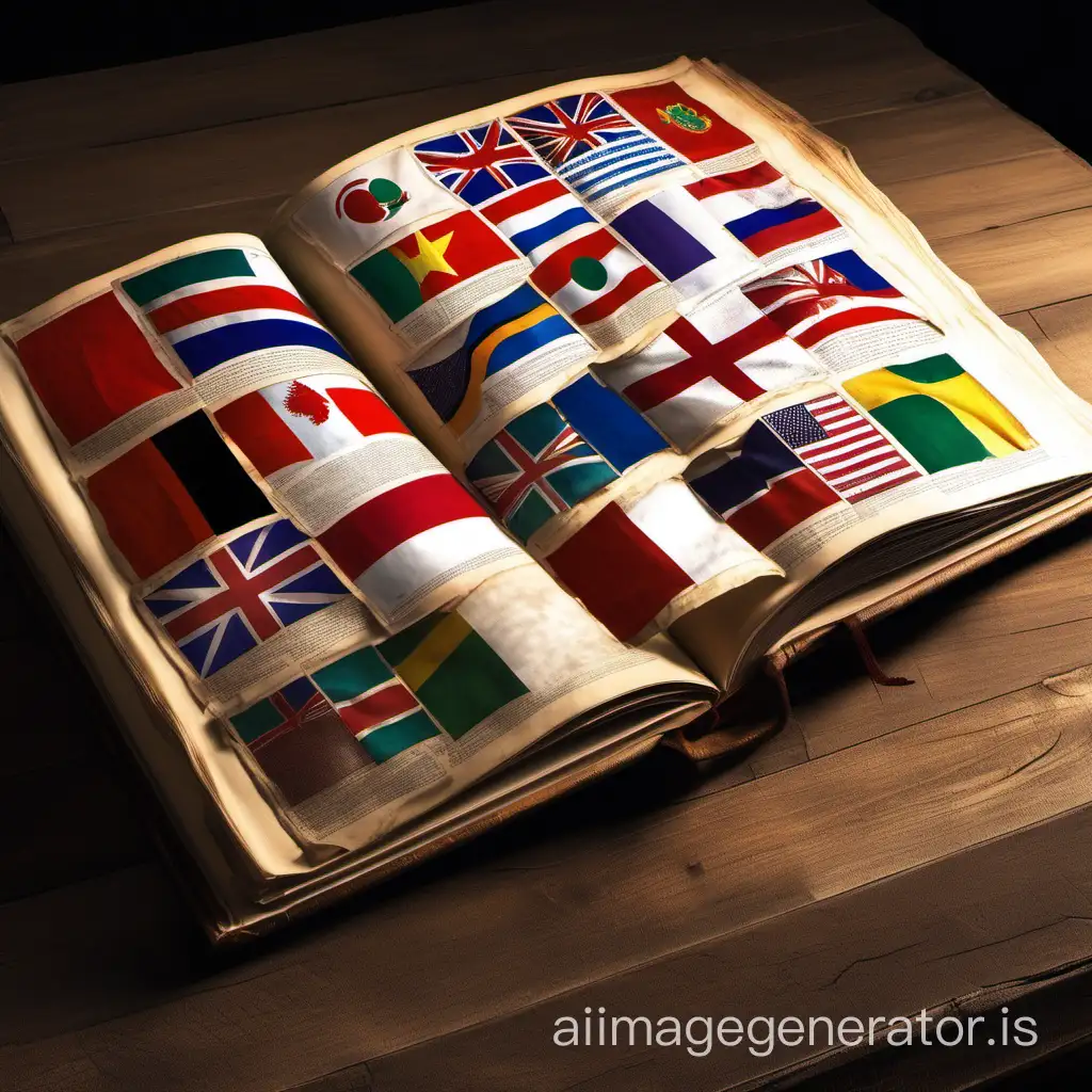 a large book with many country flags stuck on its open pages , it should have a light brown undertone to give an old vibe , on top of a table giving a 90s vibe