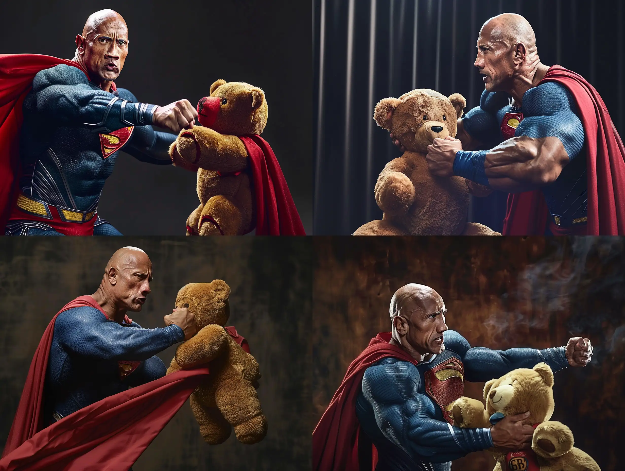 Dwayne The Rock Johnson dressed as superman punching a teddy bear