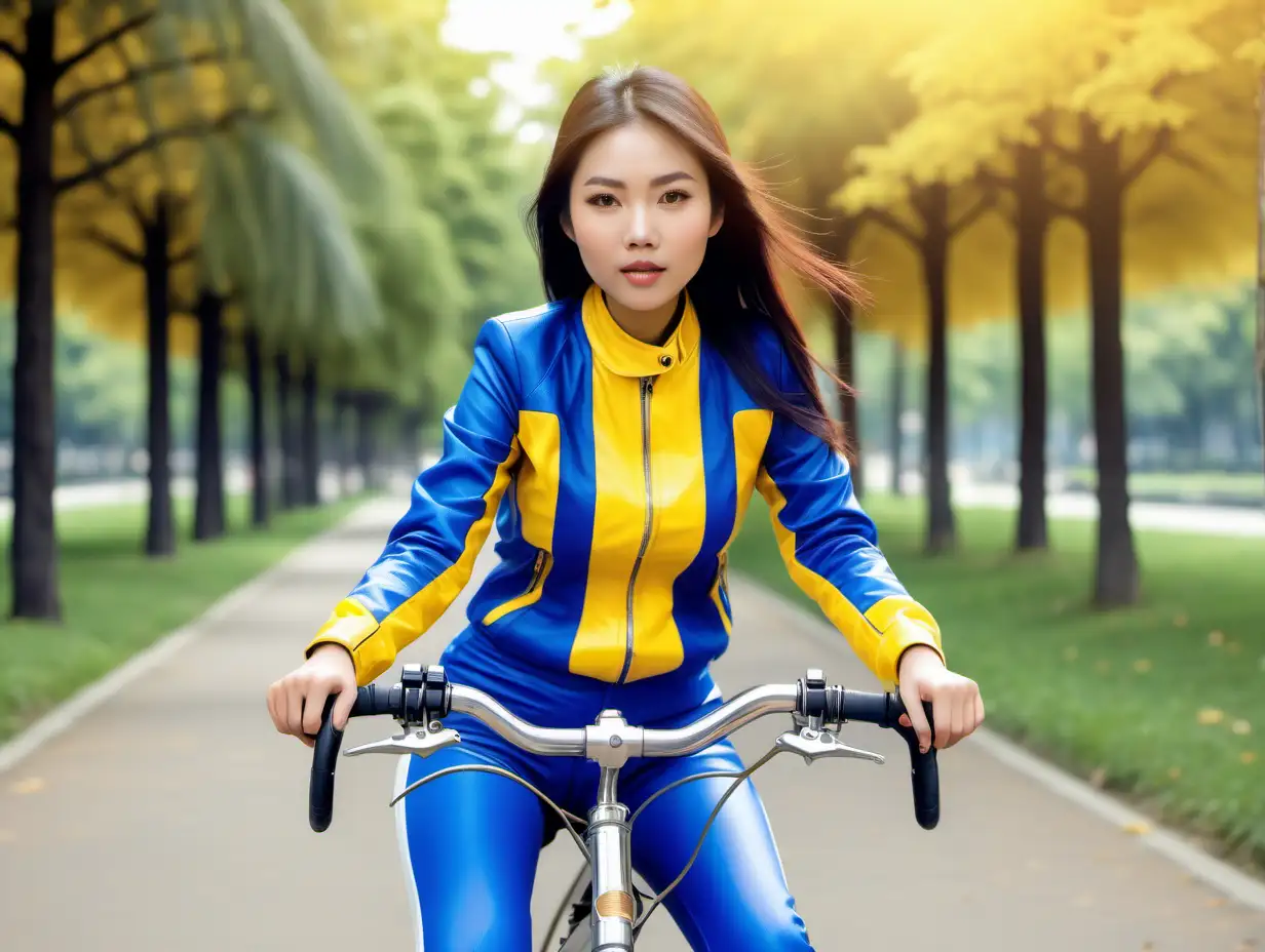 Energetic Asian Cyclist in Blue and Yellow Riding Through Park