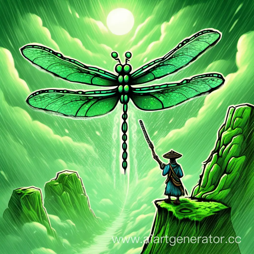 Powerful-Shaman-Commanding-Rain-Mist-and-Clouds-atop-Verdant-Hill-with-Tamed-Dragonfly