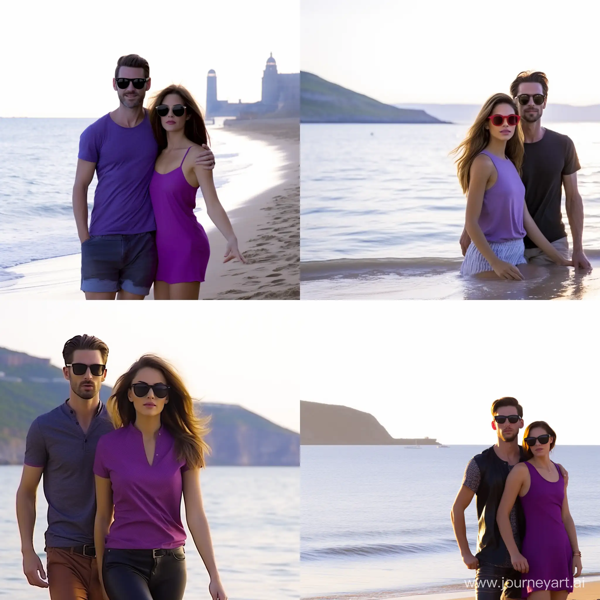 group closeup photo or thee russian guys in a red neon undershirt and one russian brunet girl in a purple top use sunglasses and sport shrt, standing onthe beach against the backgroung of the sea, daylight, smiling, in love, sporty people