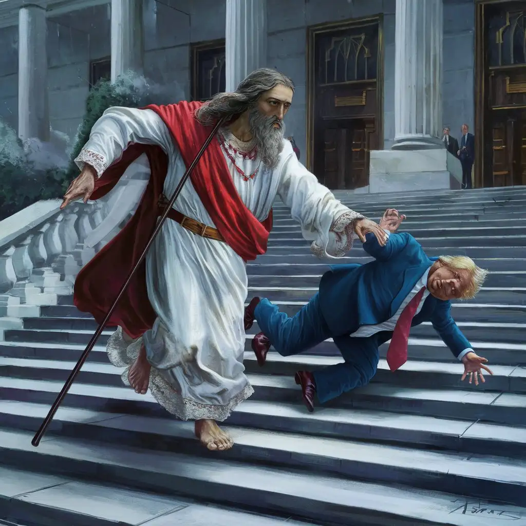 Create an image of  jesus of nazareth beating donald trump with a cane as he runs down the steps of a court house
