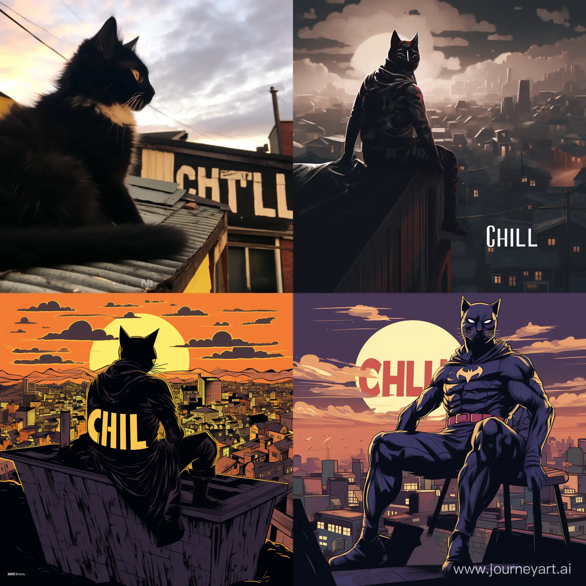 Кот который сидит на крыше домов ночью в костюме Бэтмена и с зади написано большими буквами chill