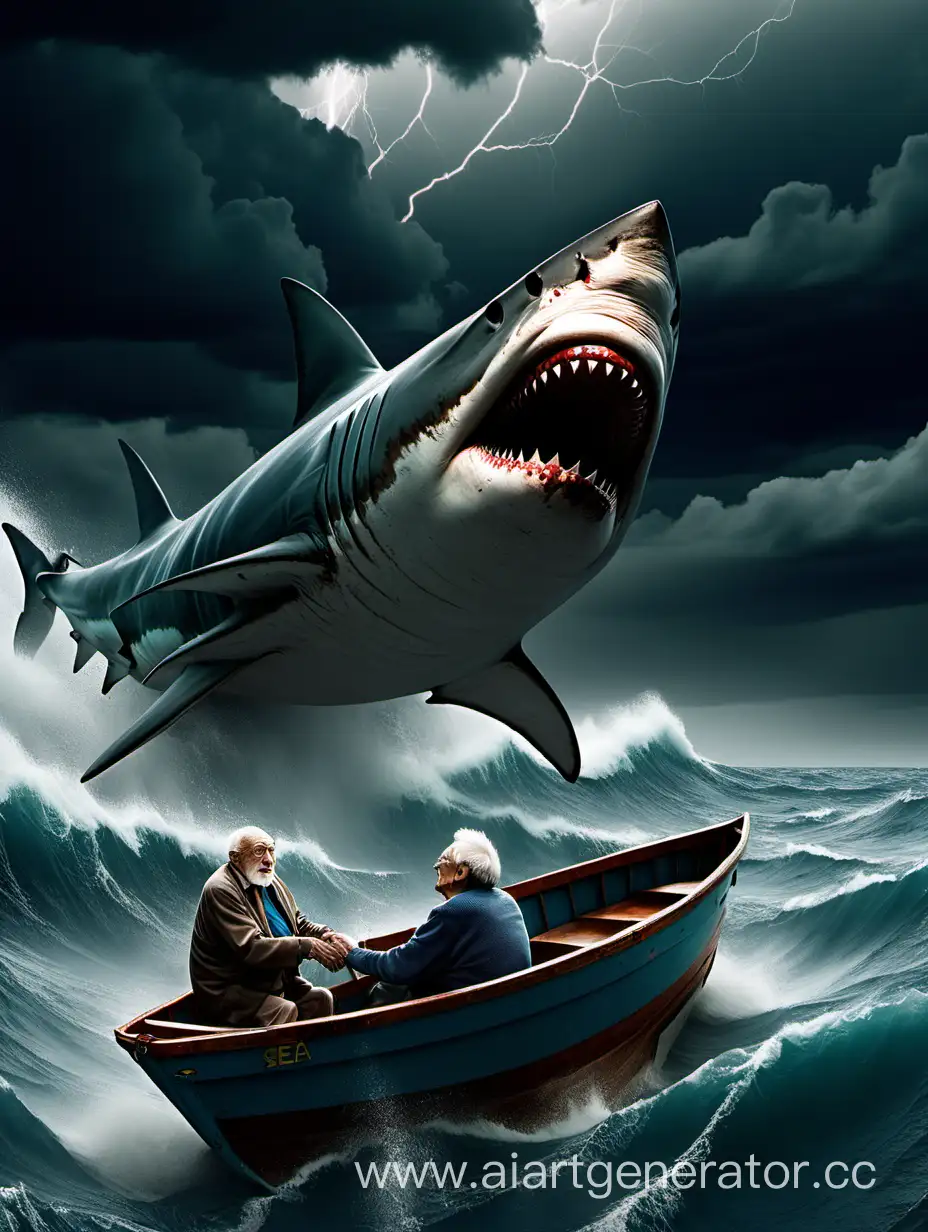 море, шторм, лодка с пожилым человеком, большая акула