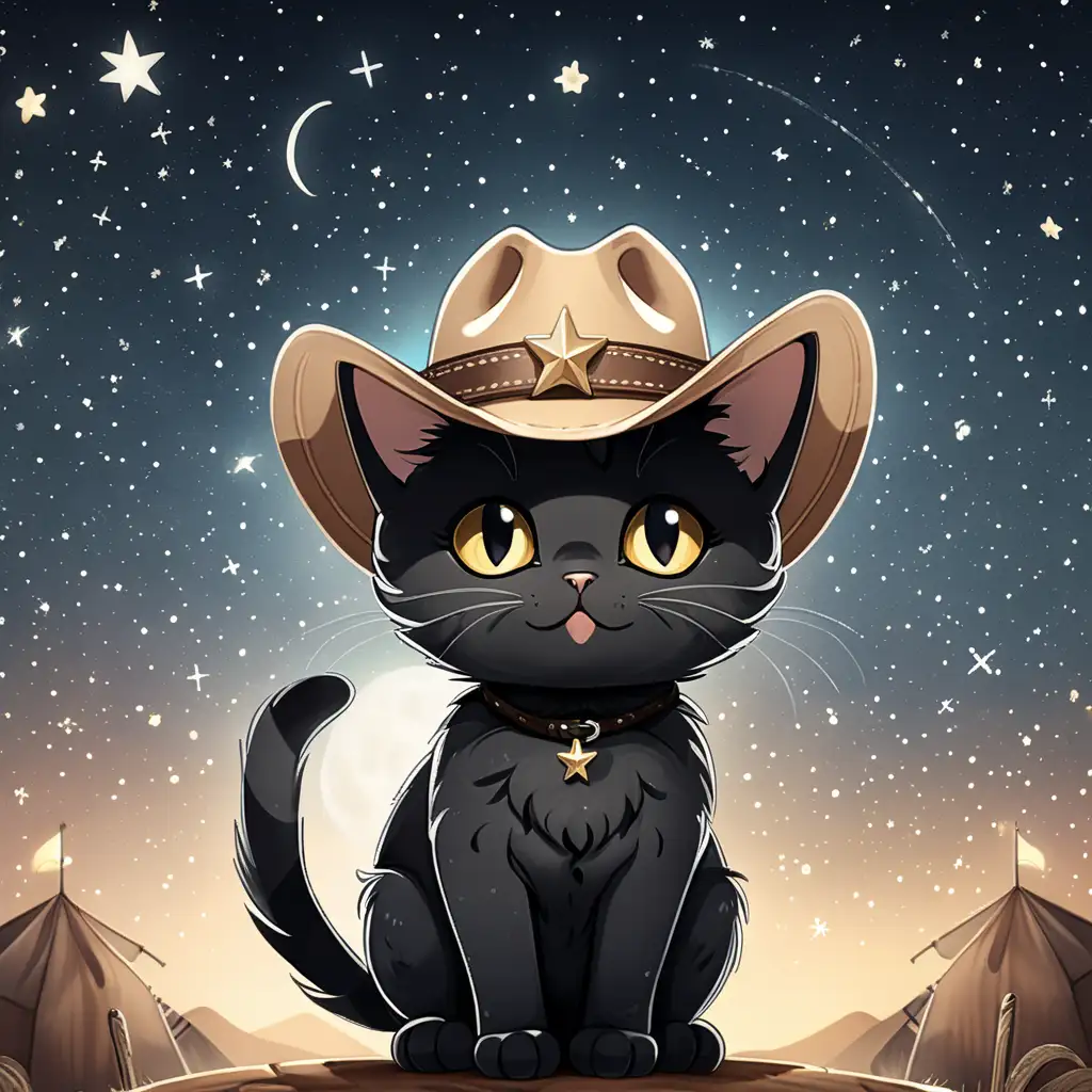 a small cute happy black cat  wearing cowboy hat under stars sky