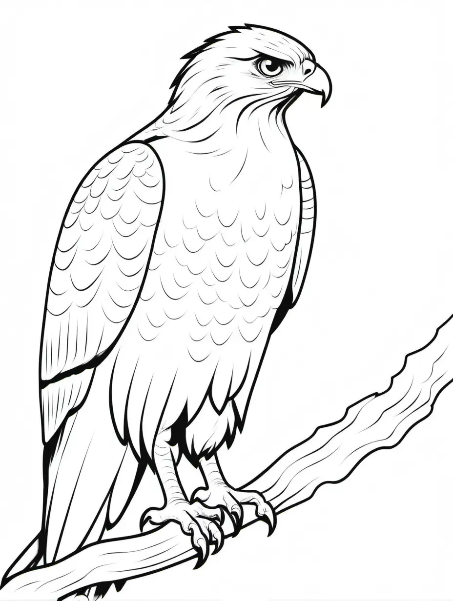 HAWK, Coloring Page, black and white, line art, white background, Simplicity, Ample White Space. The background of the coloring page is plain white to make it easy for young children to color within the lines. The outlines of all the subjects are easy to distinguish, making it simple for kids to color without too much difficulty