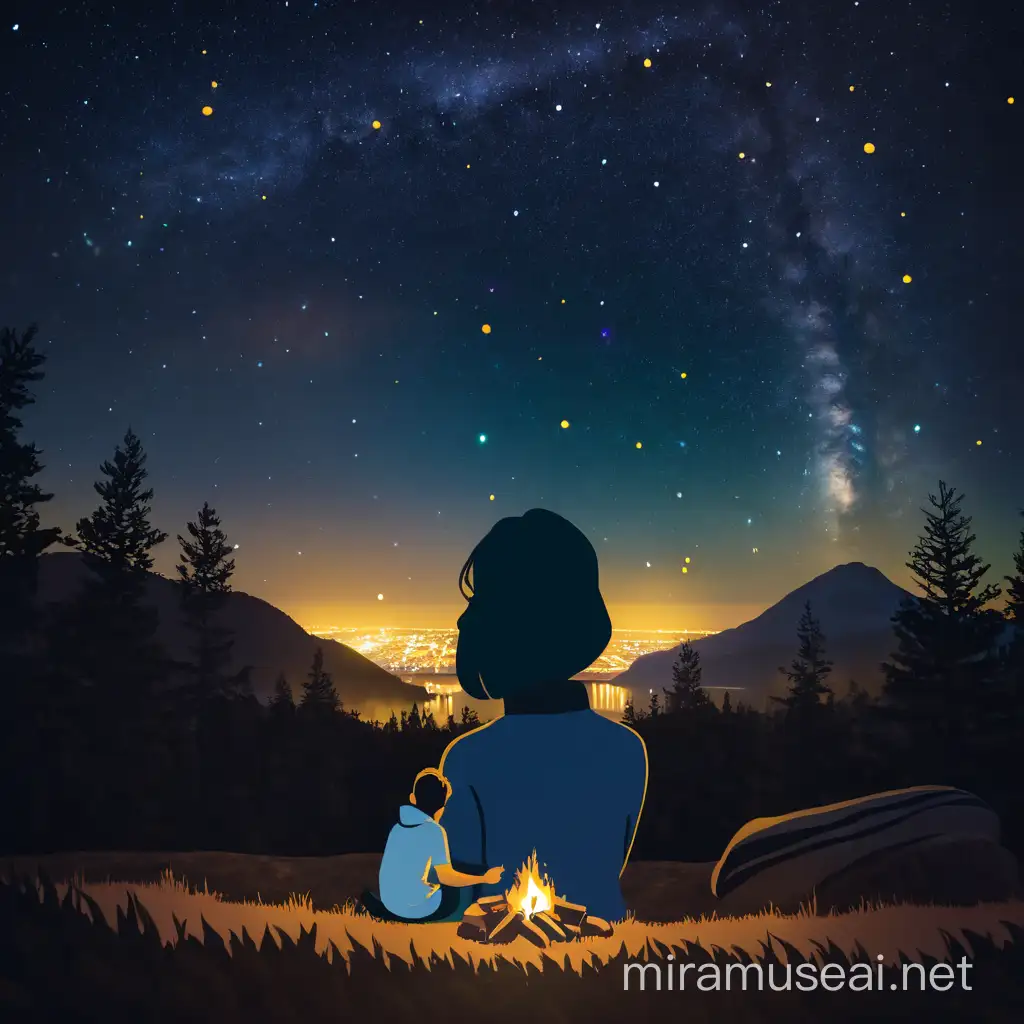 In the foreground, a mother sits with her son, surrounded by the warmth of a flickering campfire, as they share stories under the vast, starry sky.