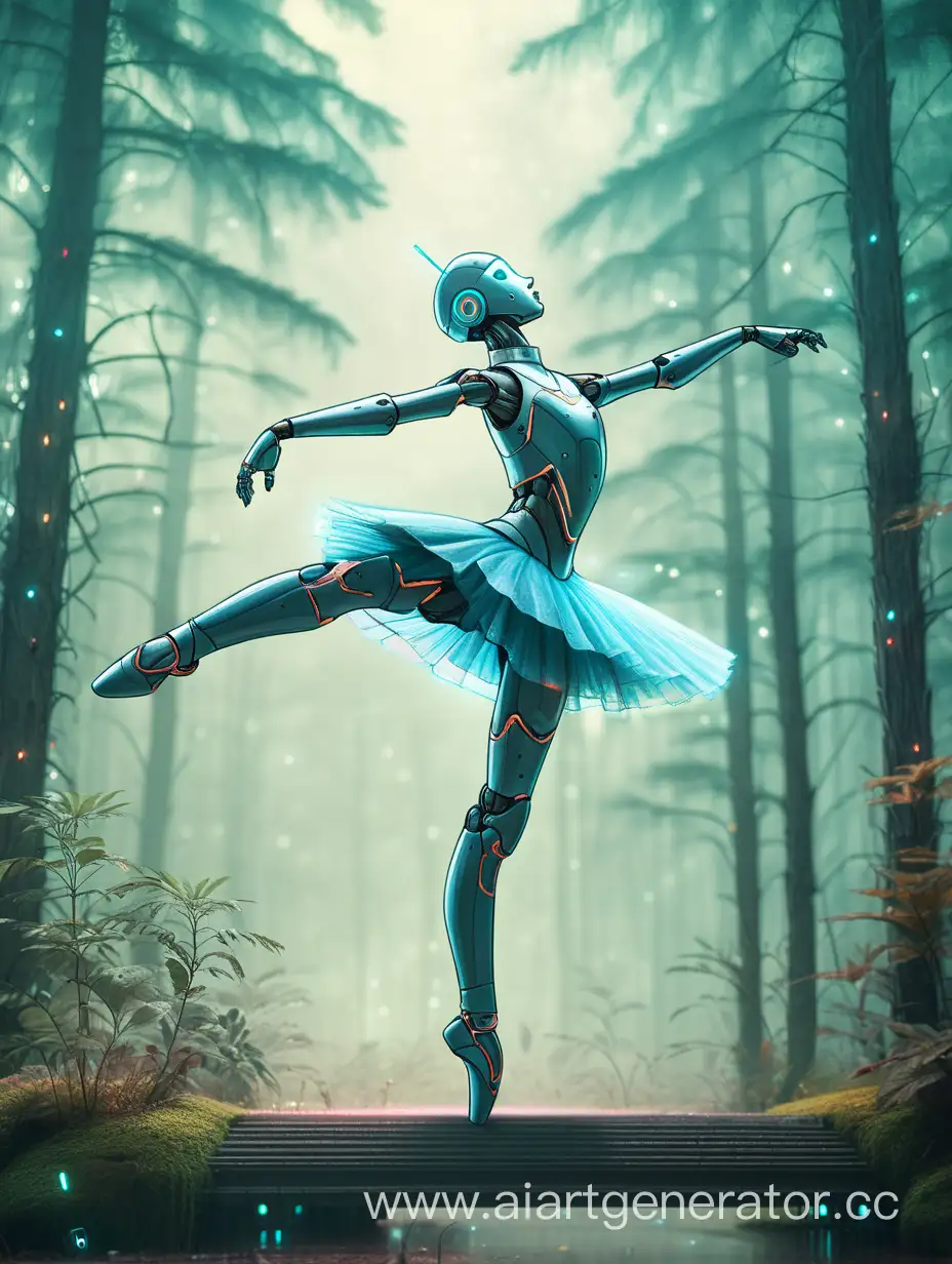dancing ballerina -robot, background forest ,cyberpunk
