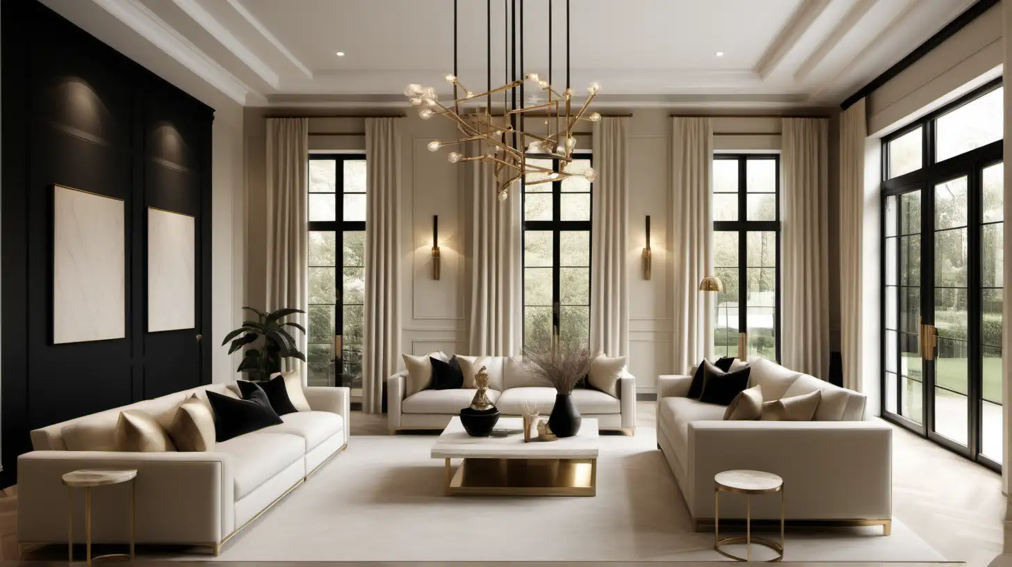 classic contemporary large home interior; beige, black; blonde oak; brass lighting;