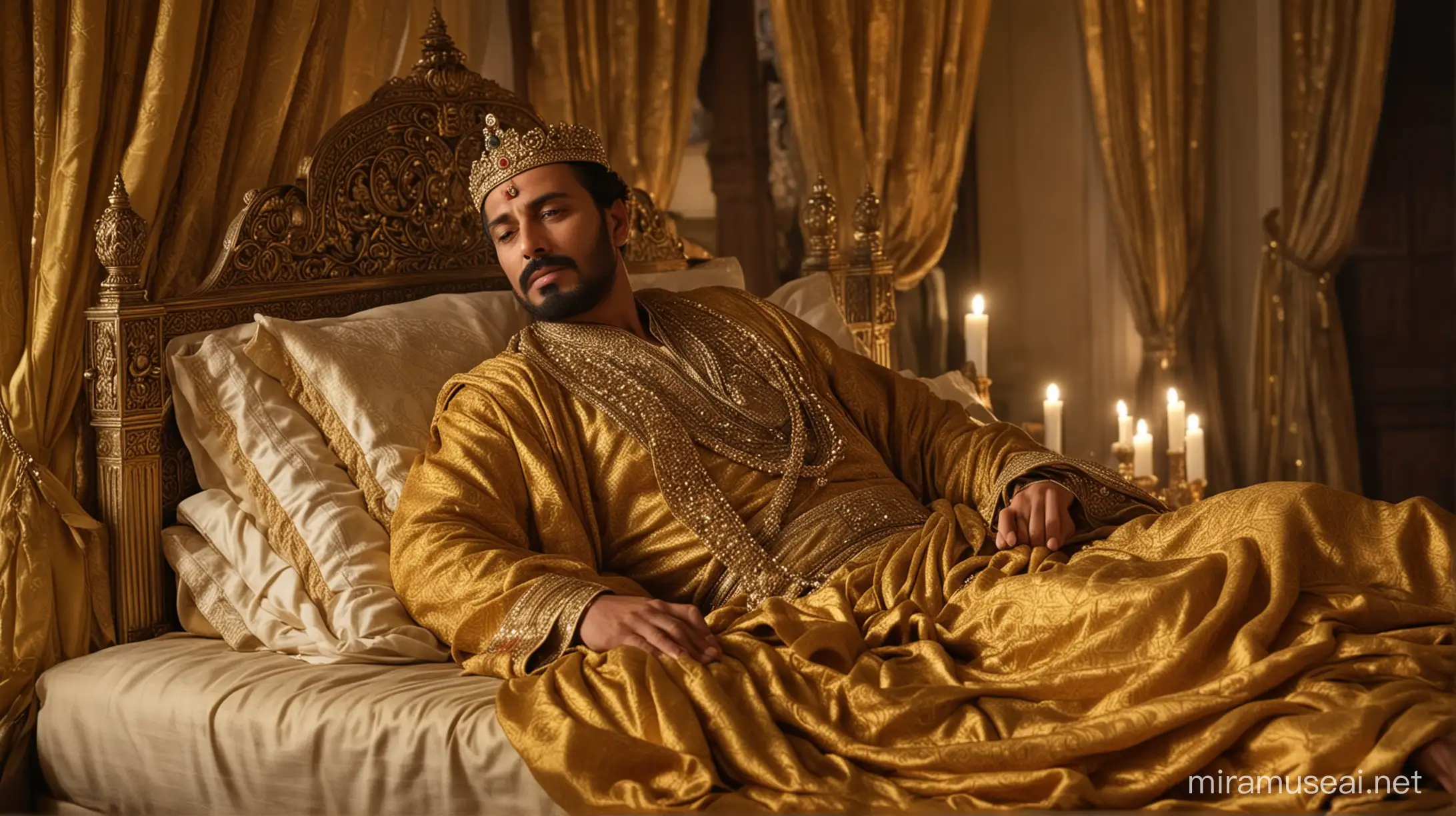 In the opulent chambers of his mahal, amidst the whispers of silk curtains and the fragrance of exotic perfumes, lies the Arab king, reclined upon a bed of golden silk. His regal attire, adorned with jewels that sparkle even in the dim candlelight, speaks of his status and power. Yet, in this moment, he is not the ruler of realms nor the commander of armies; he is simply a man, succumbing to the embrace of sleep. Outside, the moon casts its gentle glow upon the palace, while within, the king's dreams weave tales of conquest and diplomacy. Capture the tranquility and majesty of this scene as the king rests, his kingdom momentarily at peace