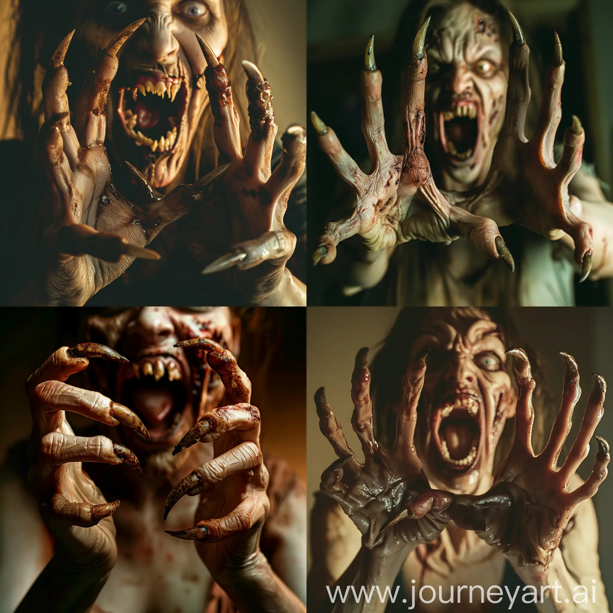 A terrifying and nightmare-inducing image of a zombie woman with long, curved, and pointed, dirty nails protruding from her five fingers, reminiscent of menacing claws. Her mouth is widely open, revealing a row of sharp, pointed teeth that look like fangs. She has her two hands out in front of her, and she slowly approaches her target in order to fulfill her insatiable hunger.  32k uhd, full anatomical. human hands, very clear without flaws with five fingers
