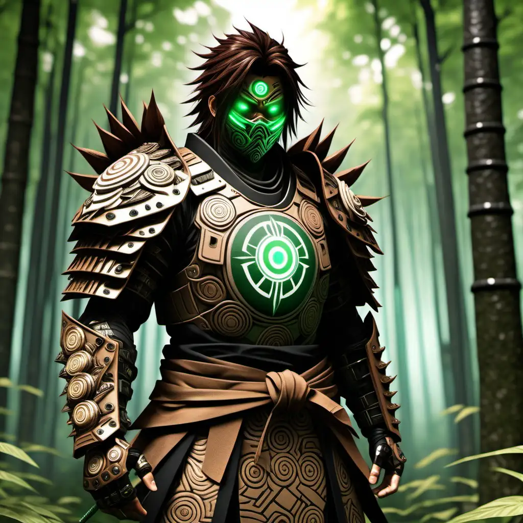 high definition simulation of a video game world boss character creation screen with cyberpunk Samurai ninja, Knight with armor and sharingan eyeballs With glowing elemental metal fists wearing a beautiful earth kimono with white black and green sacred geometry and armored shoulder guards with brown spikey hair With glowing magic fists wearing a beautiful grass kimono with browns forest leafs black and brown tan sacred geometry and armored shoulder guards