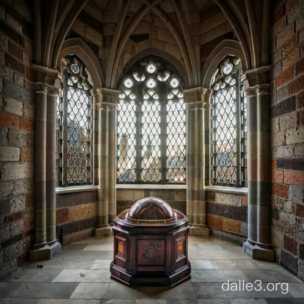 Ein schönes, rundes Turmzimmer, schwach beleuchtet mit Bogenfenstern, in dessen Raummitte eine Säule steht, auf der sich eine antike, verschlossene Schatulle befindet. 