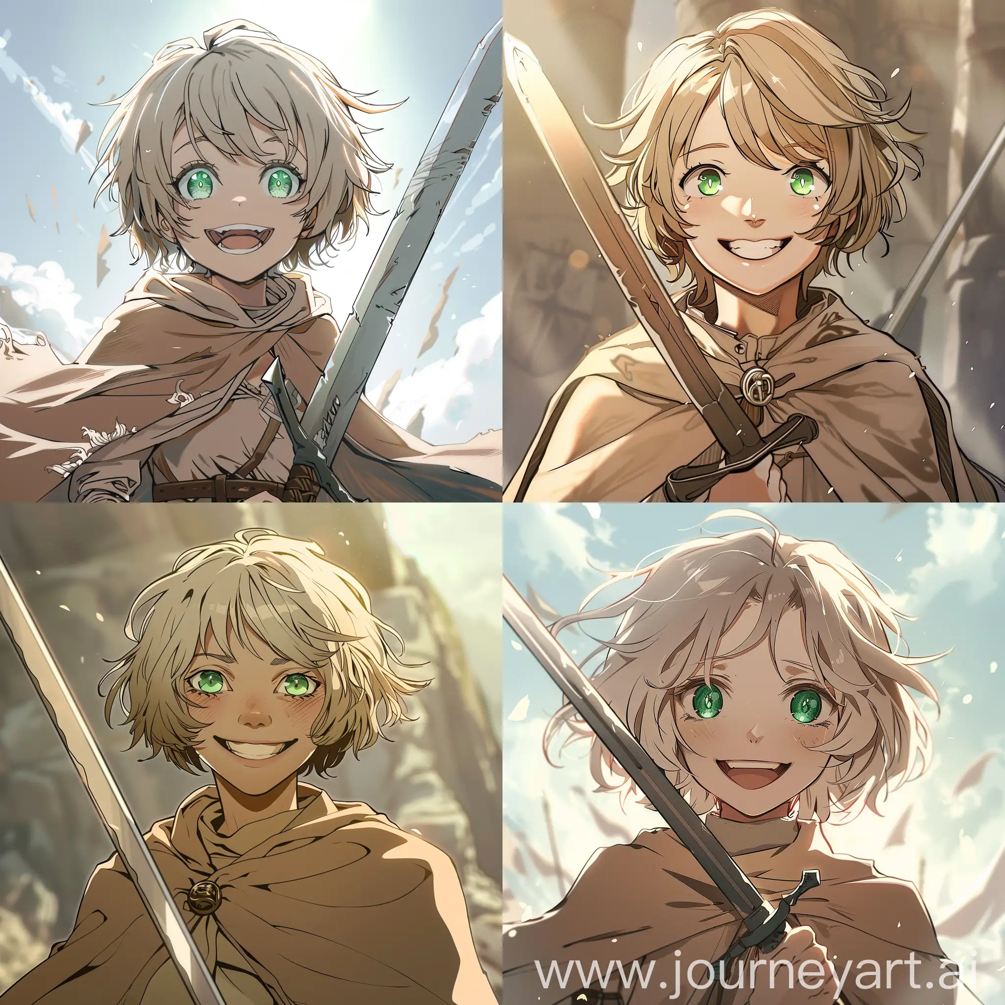 A smiling girl with short messy blond hair and green eyes, in light-brown cape, with a sword in anime style