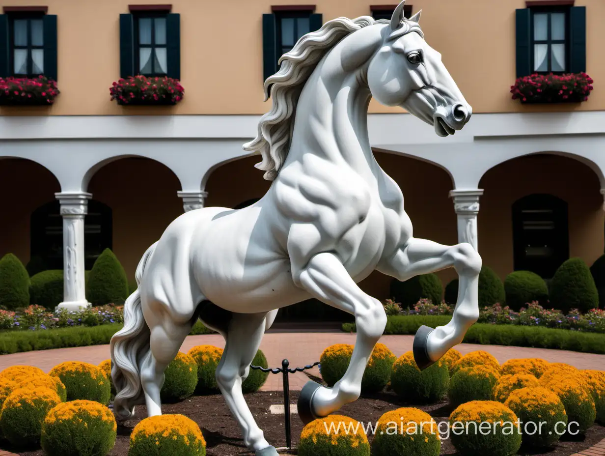 Белая статуя лошади, лошадь стоит с поднятыми передними ногами, в центре клумбы, позади статуи трехэтажное здание в баварском стиле