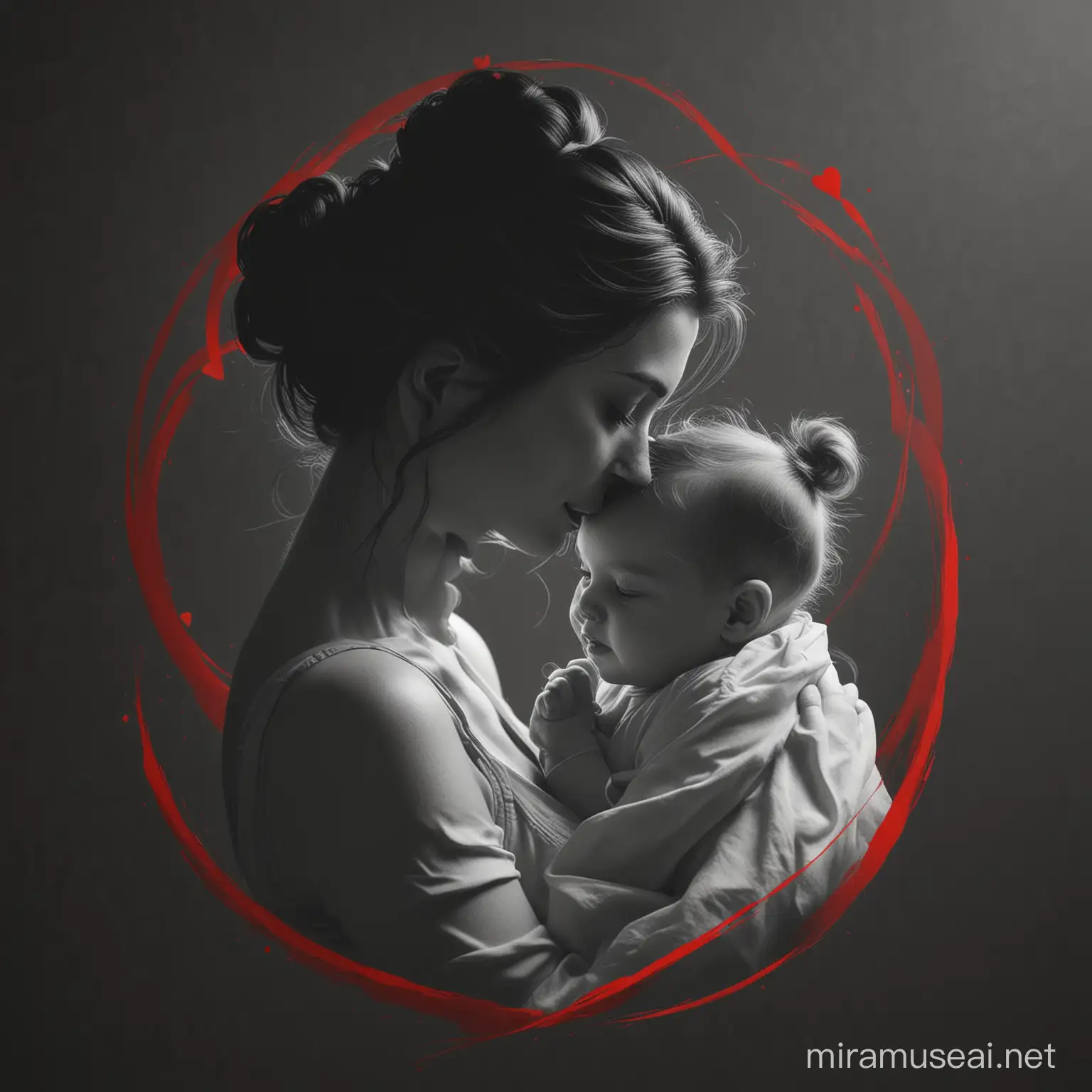 Create a silhouette illustration of a mother tenderly holding her baby. The mother's profile should be facing to the left, with her hair done up in a bun, gazing down lovingly at the infant cradled in her arms. The baby, also a silhouette, appears calm and peaceful. The background is solid black, enhancing the contrast of the white silhouettes. Include small red hearts dispersed throughout the scene to add a touch of color and symbolize the love surrounding the pair. The style should be minimalistic yet emotionally powerful, capturing the intimate bond between mother and child, 32k render, hyperrealistic, detailed.