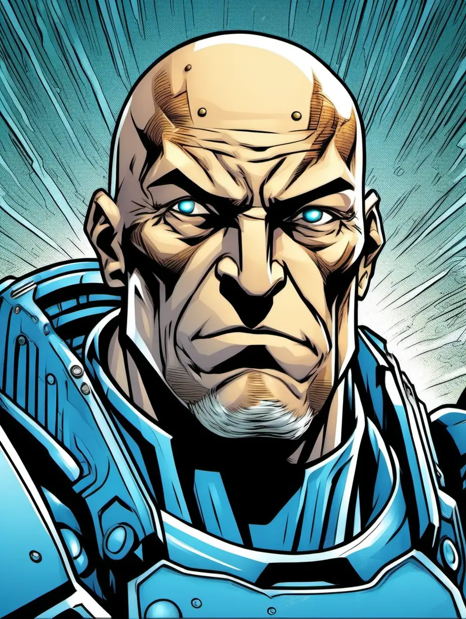 Comic art style close up portrait of a broad shouldered, bald caucasian man in his late fifties. He has an intimidating, angular face. He is wearing ocean blue power armor covering his torso.