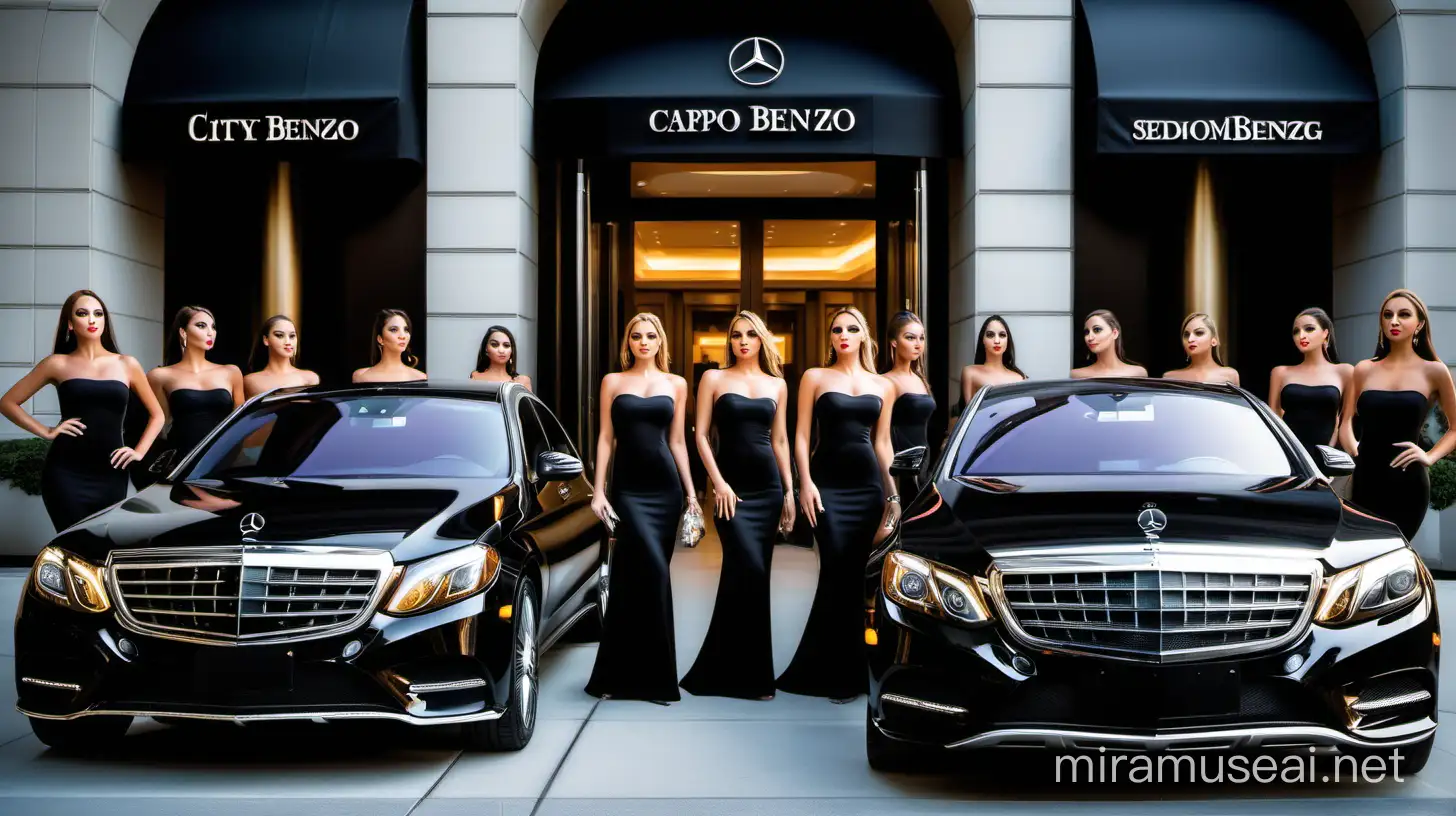 In the vibrant glow of city lights, a fleet of sleek black Mercedes-Benz sedans pull up to the entrance of an upscale hotel. As the engines hum to a stop, the doors open, and the Capo steps out, flanked by a bevy of elegantly dressed women. Adorned in luxurious attire, their presence adds a touch of glamour to the scene, turning heads as they accompany the Capo towards the hotel entrance. With each graceful stride, they exude an air of confidence and allure, their beauty and poise commanding attention from onlookers. As they disappear into the opulent lobby, whispers of admiration linger in their wake, painting a picture of power and sophistication in the heart of the city.