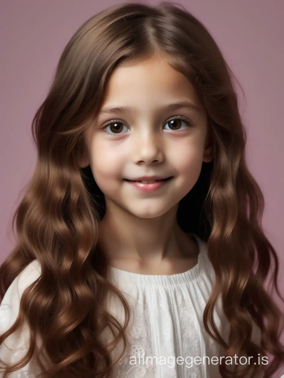 This 10-year-old girl has a slender body with graceful proportions. She has a round head with soft facial features. Her round eyes, hazel in color, radiate joy and curiosity. Her small nose is slightly upturned, giving her a friendly look. She has full, gentle lips that are often adorned with a cheerful smile. This girl's hair is long and thick, dark chestnut in color. It cascades down her back in soft waves, creating an elegant look. Her hair also has a natural shine and softness., 8K UHD, full body in image