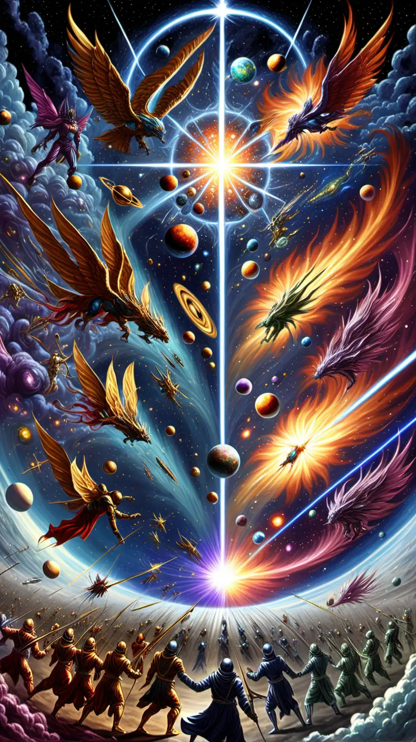 a battlefield of cosmic forces, with celestial entities from different dimensions contributing their unique abilities to the harmonious symphony


