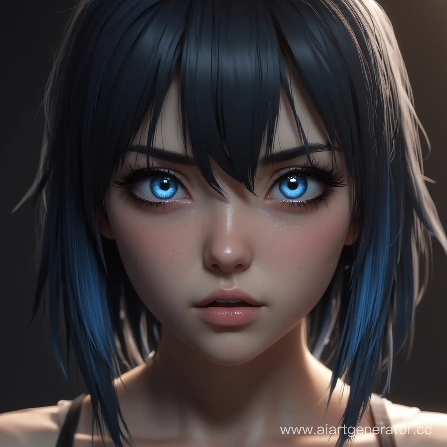 3D аниме девочка агрессивным взглядом смотрит в камеру, реалистично, блики, тени, в тёмном помещении, белая кожа, красивые глаза, тёмные волосы, синий свет попадает на ёё лицо