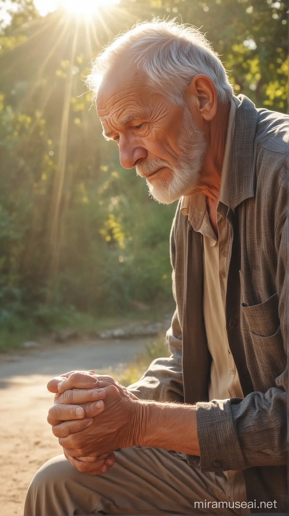 fatigue and weakness old man, natural background, sun light effect, 4k, HDR, morning time weather