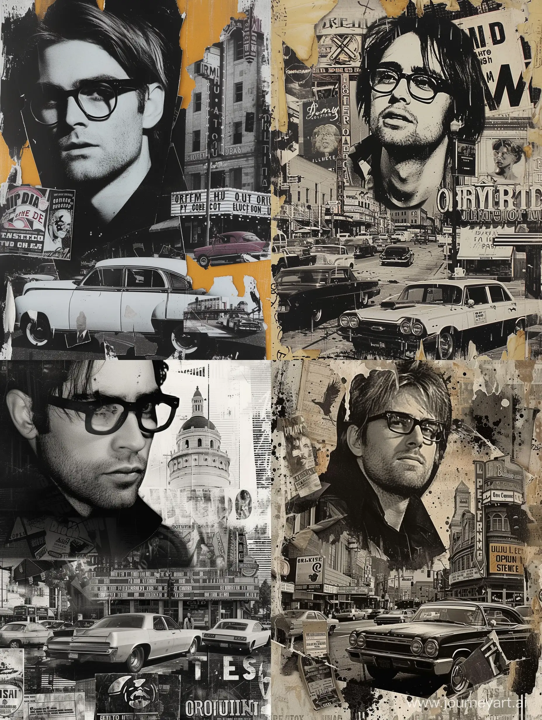 Create a Kurt Cobain-style collage: black and white, 80s, man with glasses, vintage cars, tattered posters, Orpheum Theater in Los Angeles, Indiana street chaos. For a pop art album cover, Pinterest --v 6.0