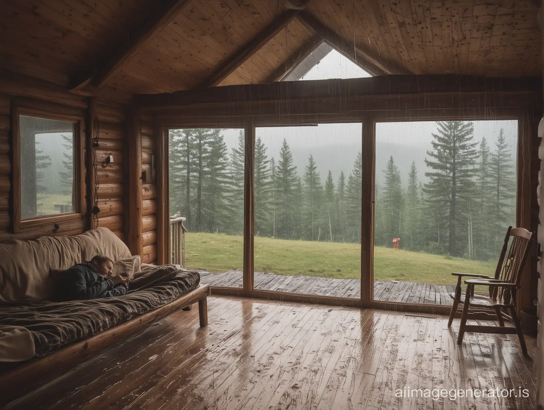 sitting inside a cabin while its raining outside