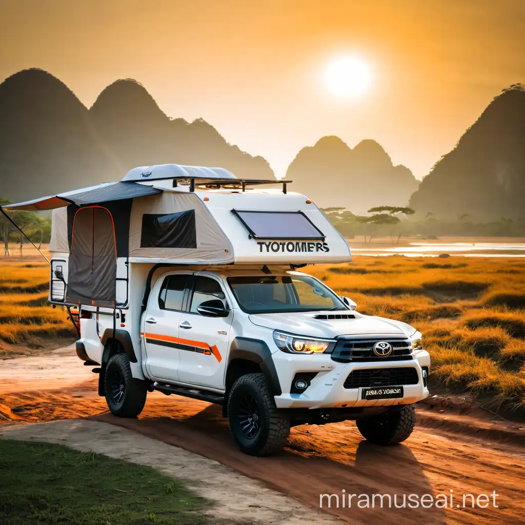 camping ground with a tent in front of generic thai landscaoe, compact and modern motorhome on a white toyota hilux pickup truck slightly dirty, offroad and adventurous design, small logo of 'iNDiE CAMPERS in bold and orange letters, photo shoot from below