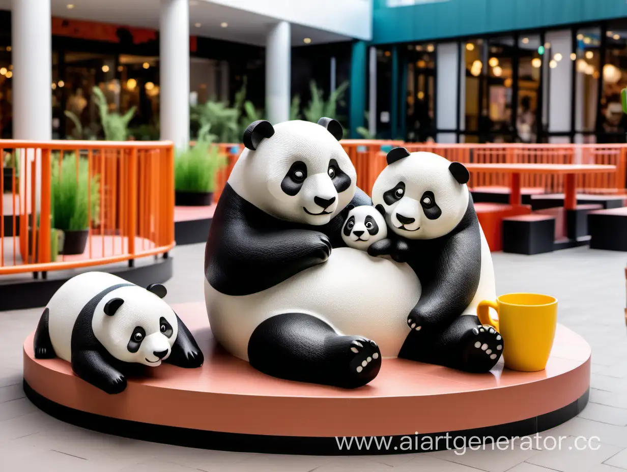 Modern vibrant children's play area in the shopping center in the restaurant courtyard. A playground with a family of plastic pandas: Papa panda lies on his stomach, panda children climb onto Papa panda's back, Mama panda sits with a cup of coffee and smiles.