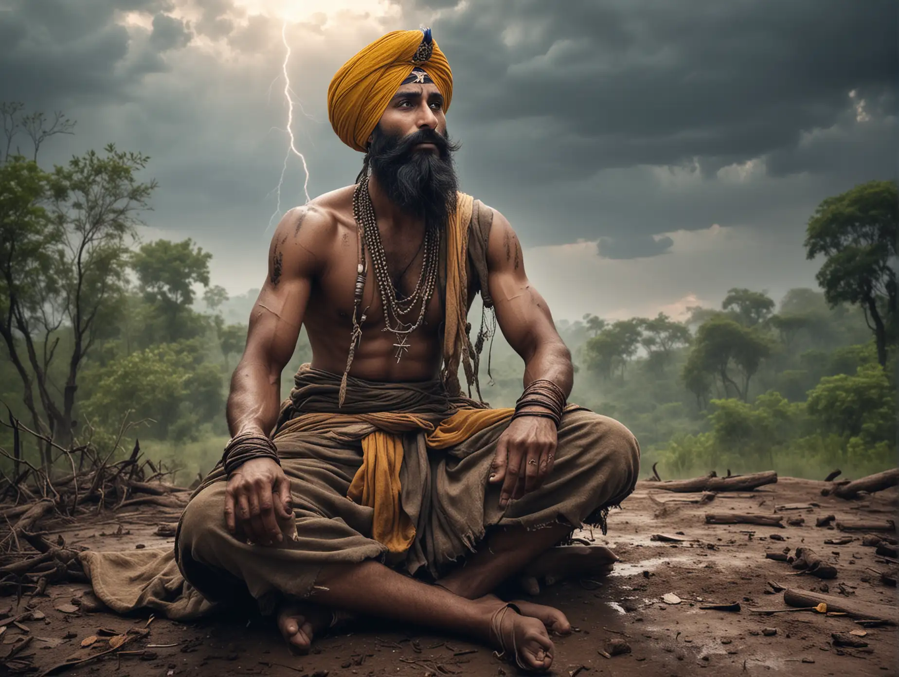 Single Sikh warrior in tattered clothing after a battle. Sitting cross legged on the floor, looking up at the sky, lightening on the horizon. Solace. His is facing the jungle in front of him.