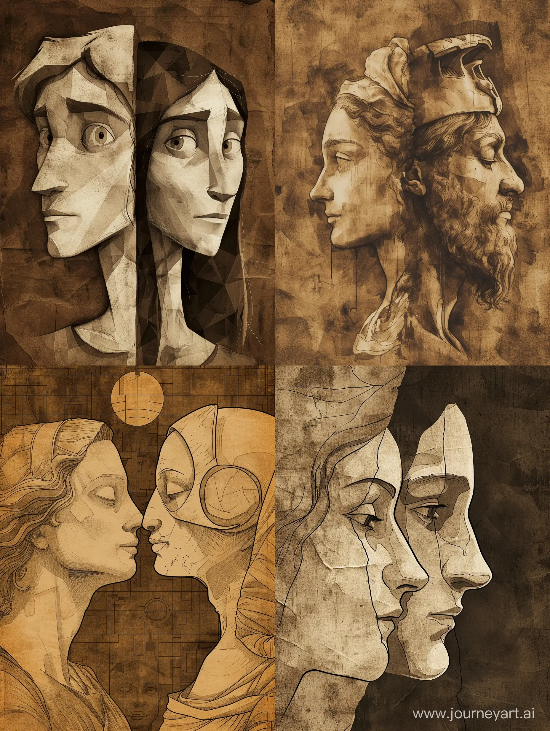 Funny minimalism Cartoon caricature Portrait, long face young man and woman in the style of Keith Negley , the epic art portrait vibes against a deep, graffiti, illustration, 3d render Close-up image , pen and ink drawing sepia ink of statue , by Leonardo da Vinci.Art by Quentin Blake, Alberto Vargas, Zdzislaw Beksinski, architecture, painting, dark fantasy, illustration