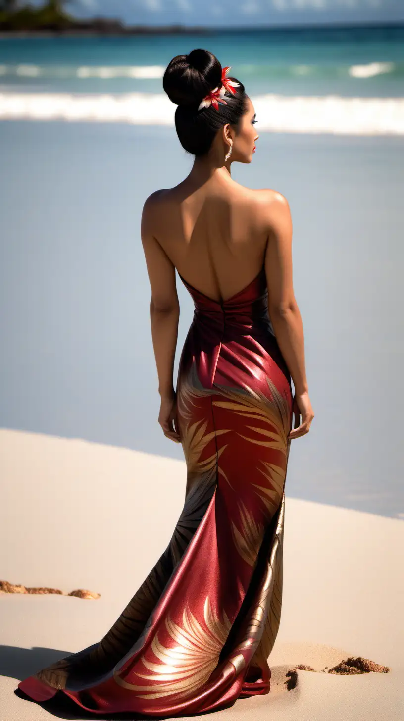 A slim realistic beautiful Polynesian female model with long black hair wearing it up in a bun and an elegant bronze and red metallic tropical gown standing on the beach and a full body shot from the top of his head to his feet.