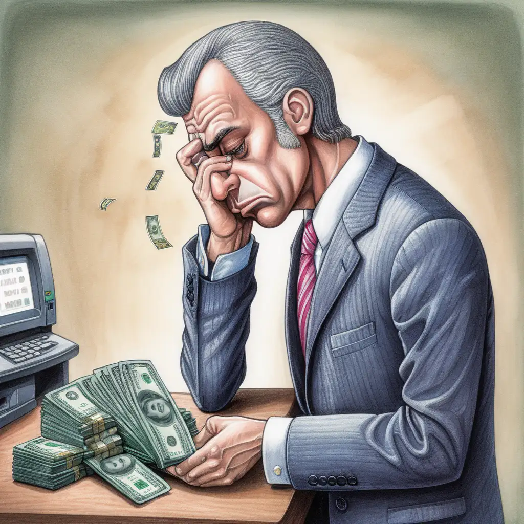 Create an image of a sad man in a suit withdrawing money. The image must be in the style of Matt Wuerker. 