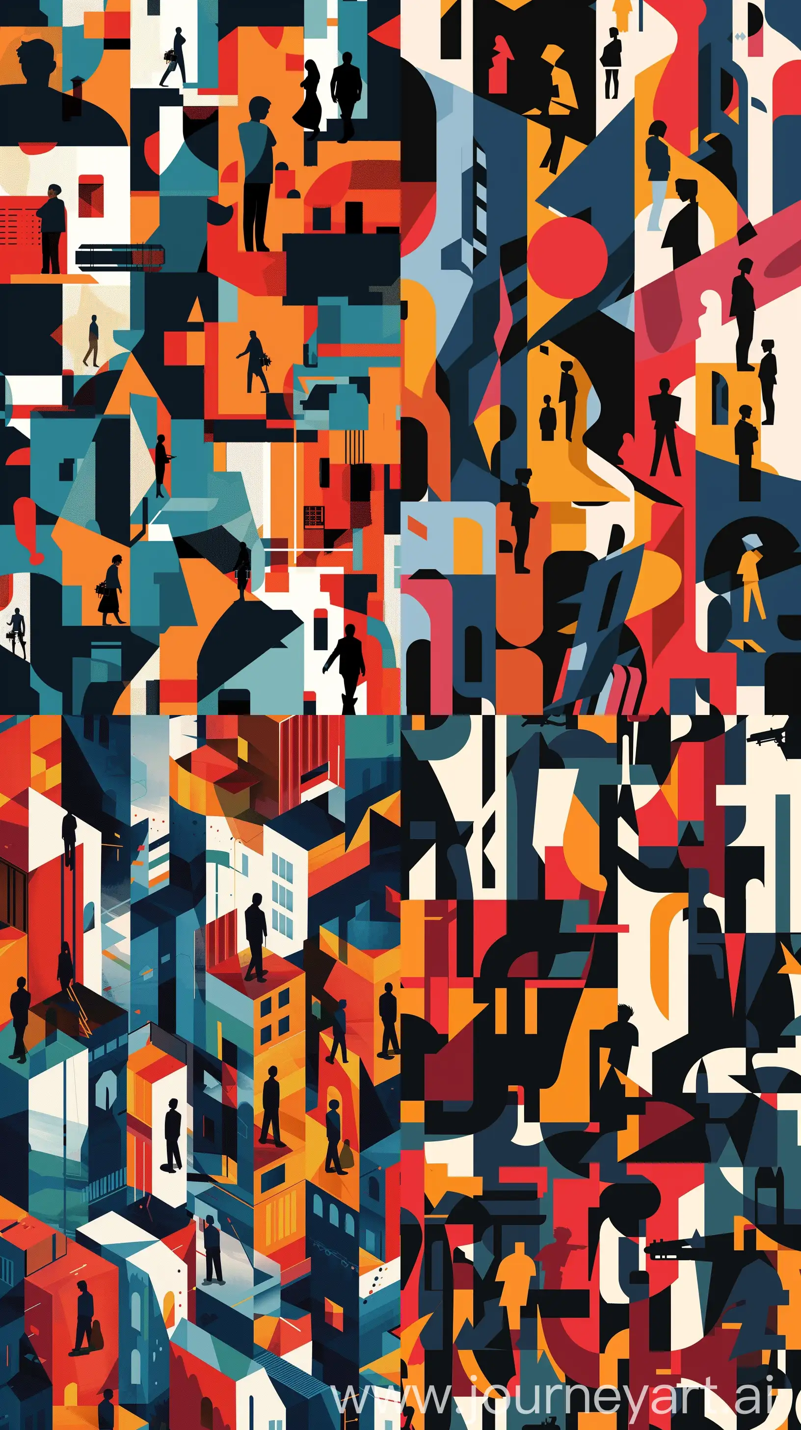 Design a phone wallpaper that features an abstract composition in Nathalie Du Pasquier's signature style, with bold geometric shapes and vivid colors. The pattern should be a playful and modern interpretation of the bustling streets of an "Attack on Titan" city, with hidden silhouettes of Titans and Scouts among the shapes, adding an element of discovery for fans . 8k uhd Maximalist Details, phone wallpaper --ar 9:16