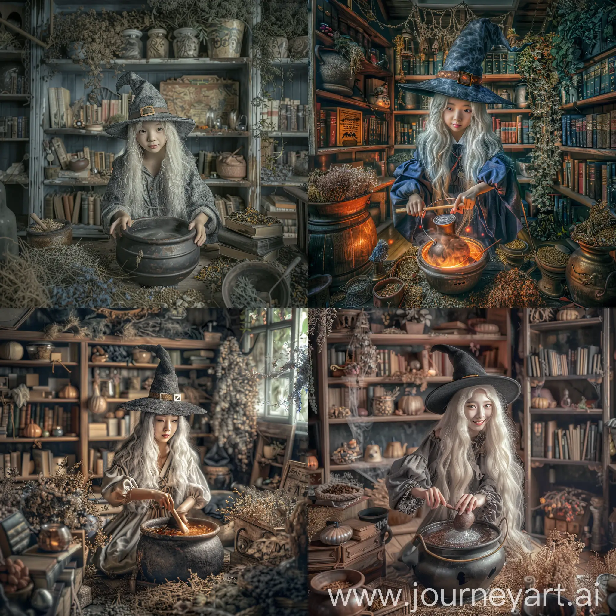 a witch hut, a cauldron, a girl, 22 years old, Korean Features, Grey-shaded white long hair, playful expression, wizard hat, stirring cauldron, room filled with dried herbs, bookshelves, intricate details, HDR, beautifully shot, hyperrealistic, sharp focus, 64 megapixels, perfect composition, high contrast, cinematic, atmospheric, moody 