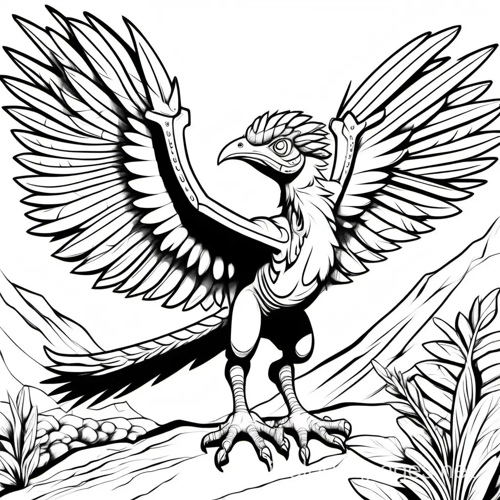 Archaeopteryx dinosaur, prehistoric background line drawn black and white, Coloring Page, black and white, line art, white background, Simplicity, Ample White Space. The background of the coloring page is plain white to make it easy for young children to color within the lines. The outlines of all the subjects are easy to distinguish, making it simple for kids to color without too much difficulty, Coloring Page, black and white, line art, white background, Simplicity, Ample White Space. The background of the coloring page is plain white to make it easy for young children to color within the lines. The outlines of all the subjects are easy to distinguish, making it simple for kids to color without too much difficulty