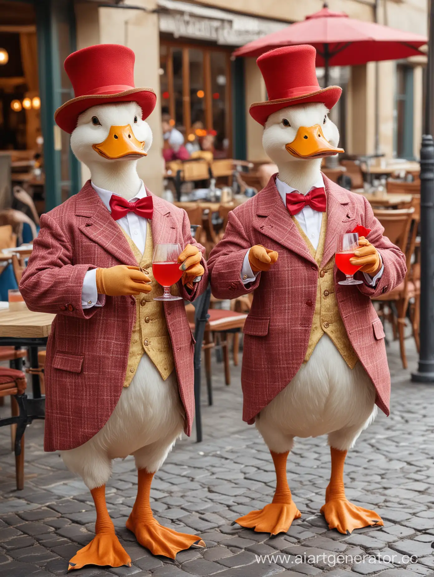 Две утки в человеческих платьях, две утки в шляпках и платьях , утки протягивают бокал с красным коктейлем, сидят на фоне ресторана