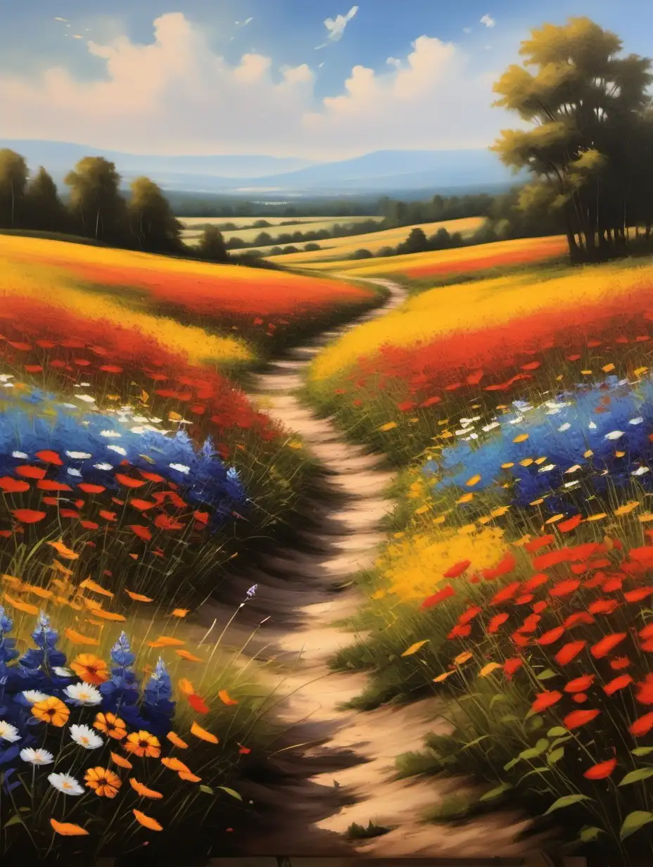 Vibrant Wildflower Field Landscape Oil Painting