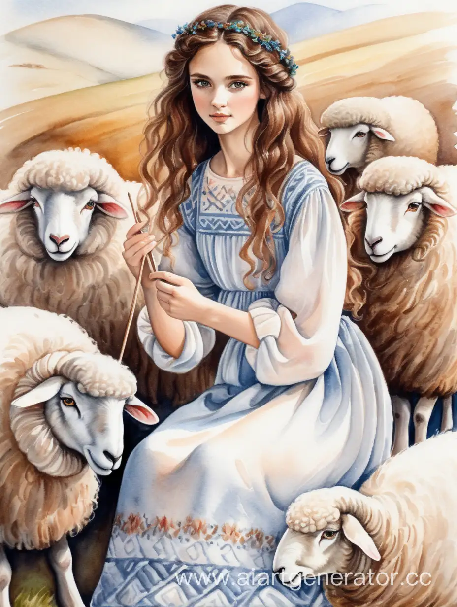 Ультра-детализация, мягкая акварель, яркая акварель, девушка славянская внешность, в длинном светлом платье, каштановые волосы, локоны, девушка вяжет длинное полотно, овечки
