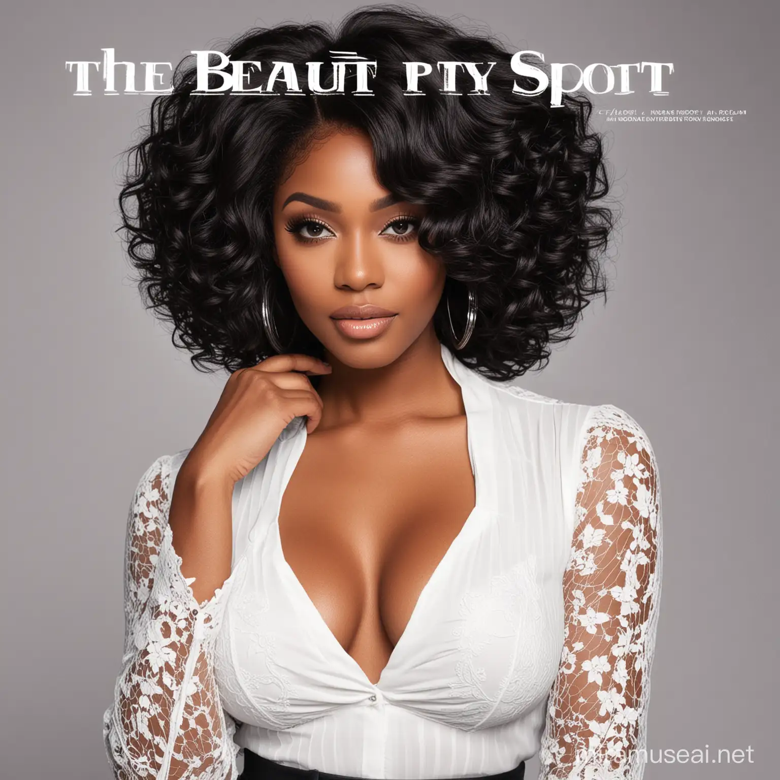 The Beauty Spot make a album cover modern ebony woman wearing a bodywave lace front wig on with a white blouse and black pants the words they reads THE BEAUTY SPOT