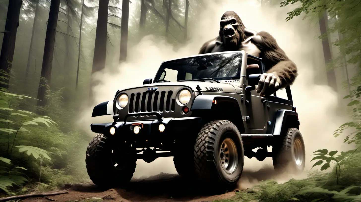Bigfoot Driving Jeep Wrangler Through Dense Forest with Joyful Expression